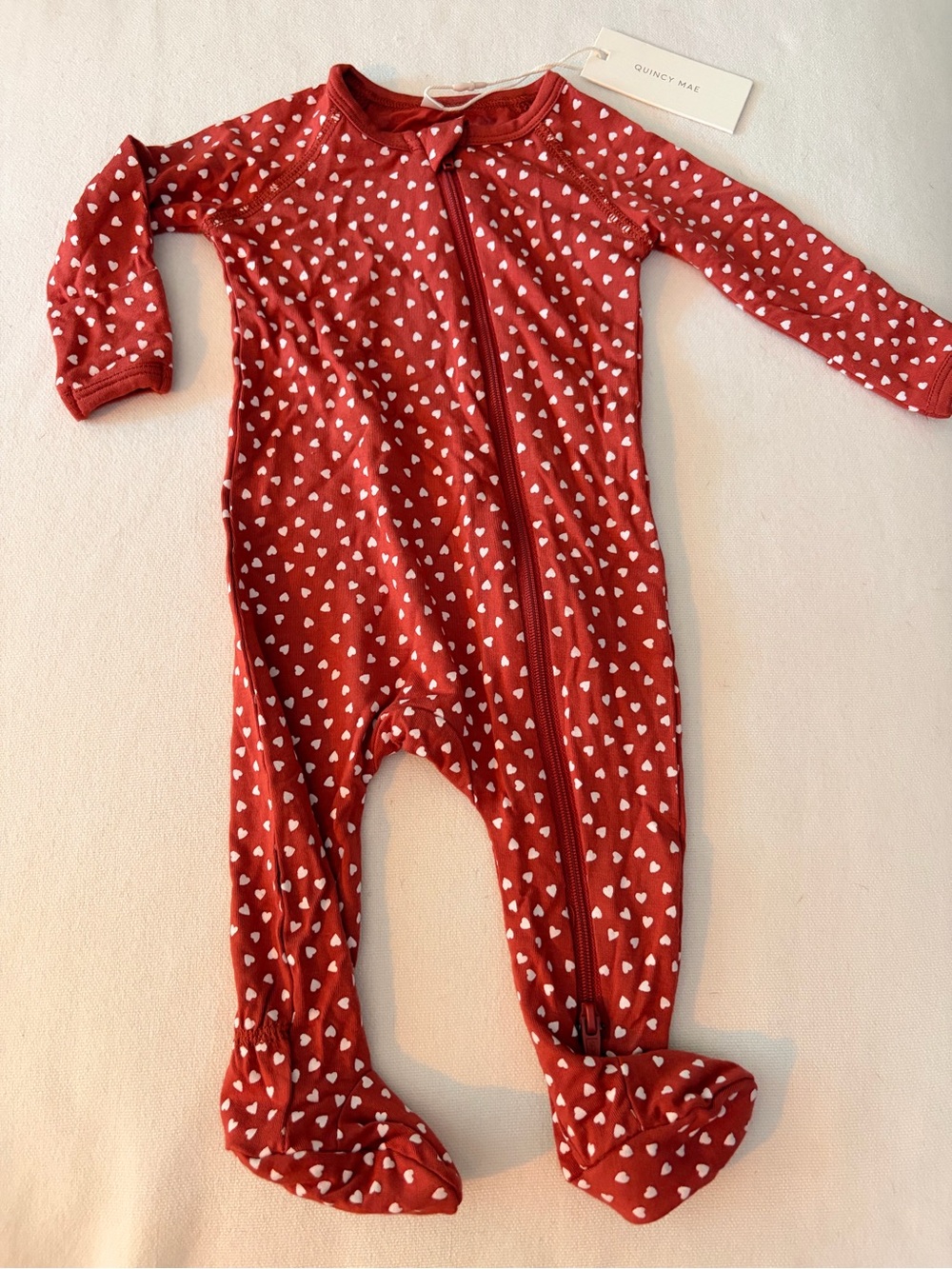 NWT Quincy Mae Red Footed One-Piece with White Hearts